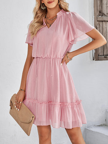Woochic robe courte trapèze à volantée strappy v-cou manches courtes mode doux Rose S